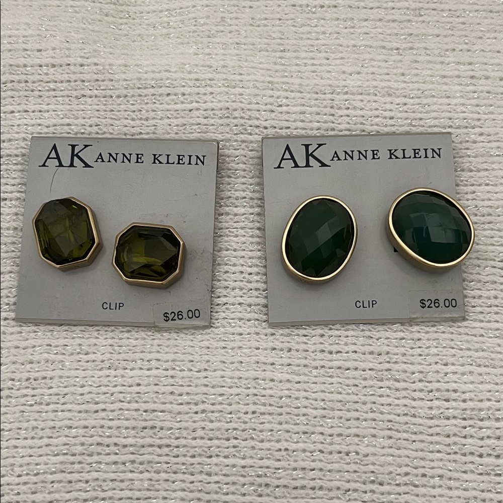 2 Pairs of Anne Klein Gold and Green Clip Earrings Set